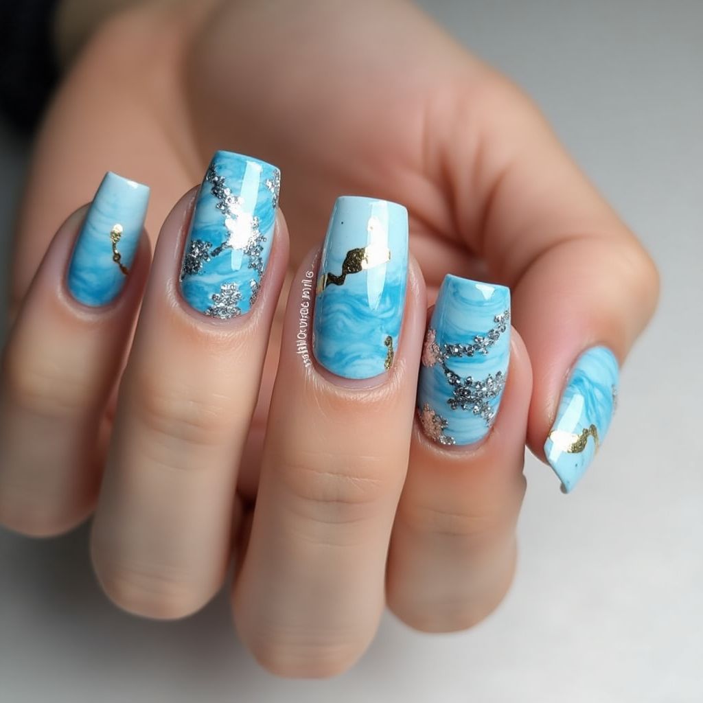 Sky Blue Freehand Art Nail Design