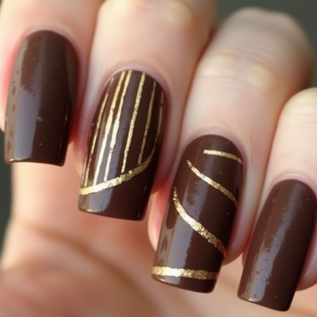 Chocolate Brown Stripes And Lines Nail Design