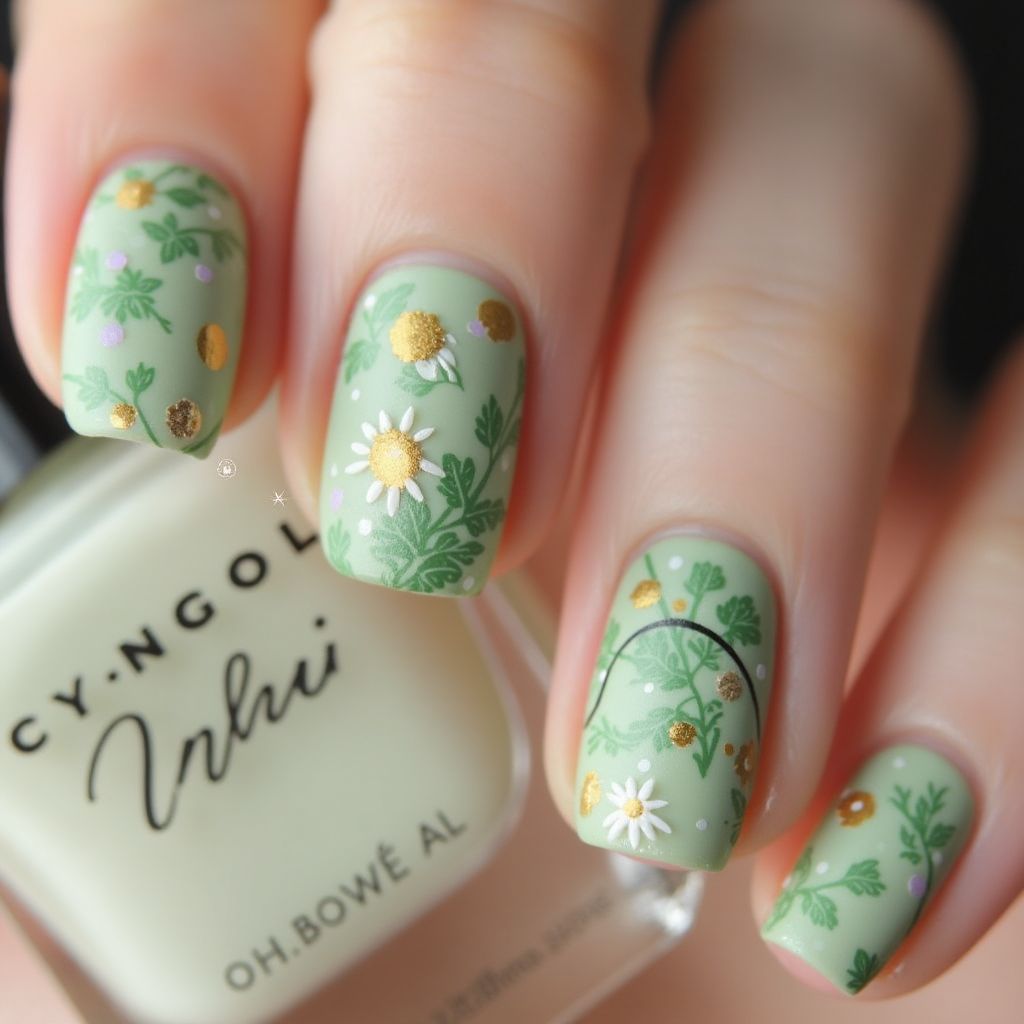 Pastel Green Freehand Art Nail Design