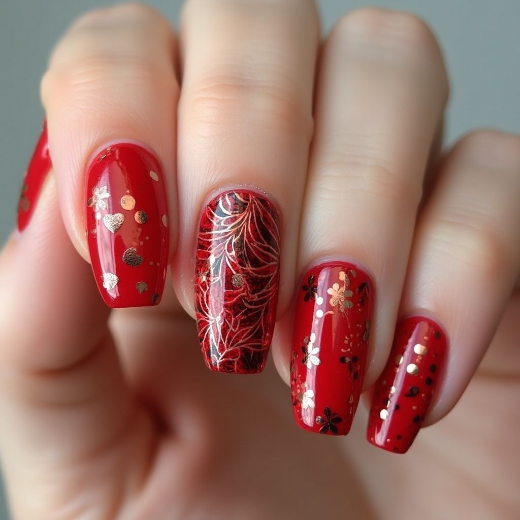 Red Freehand Art Nail Design