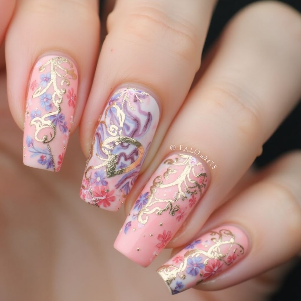 Baby Pink Freehand Art Nail Design