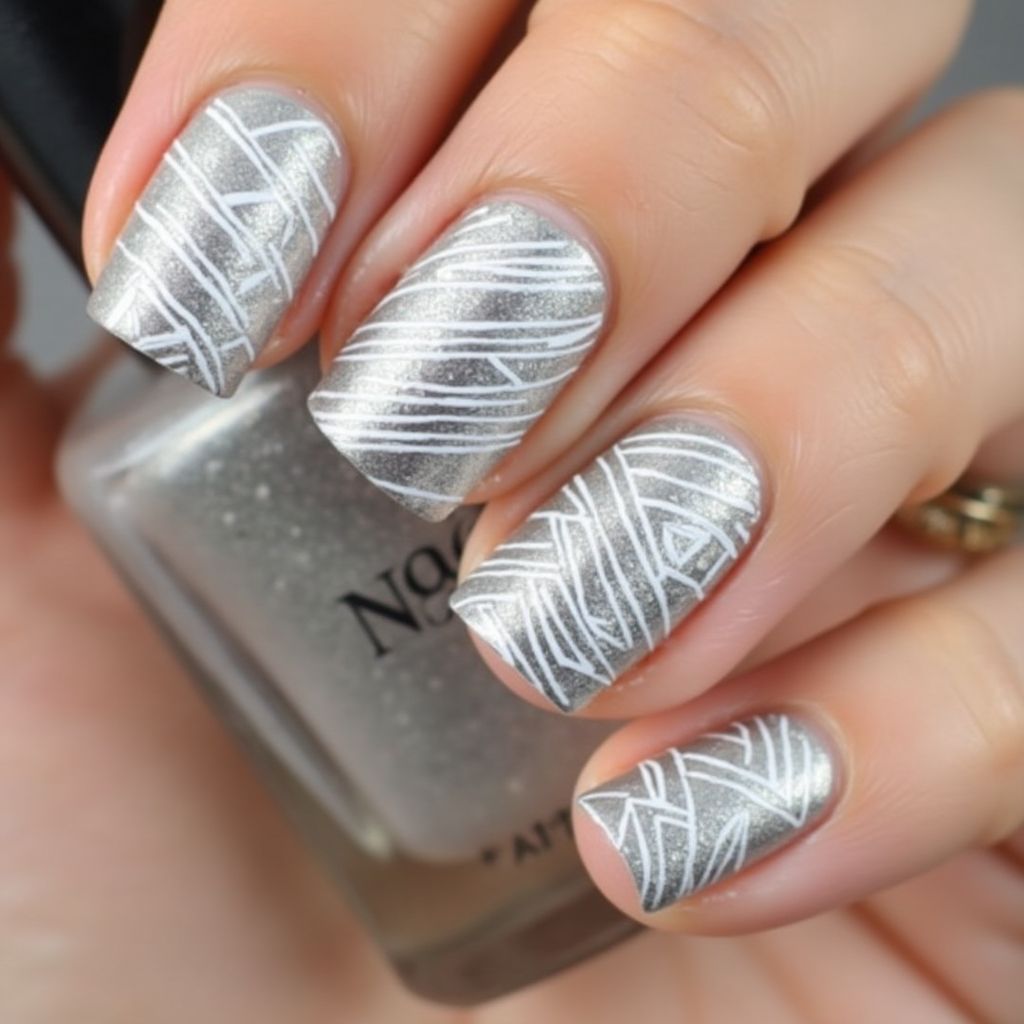 Silver Stripes And Lines Nail Design