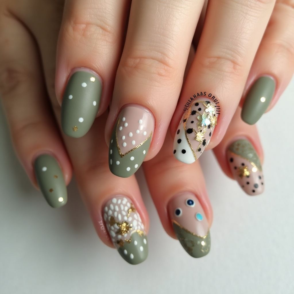 Olive Green Dotting Nail Design