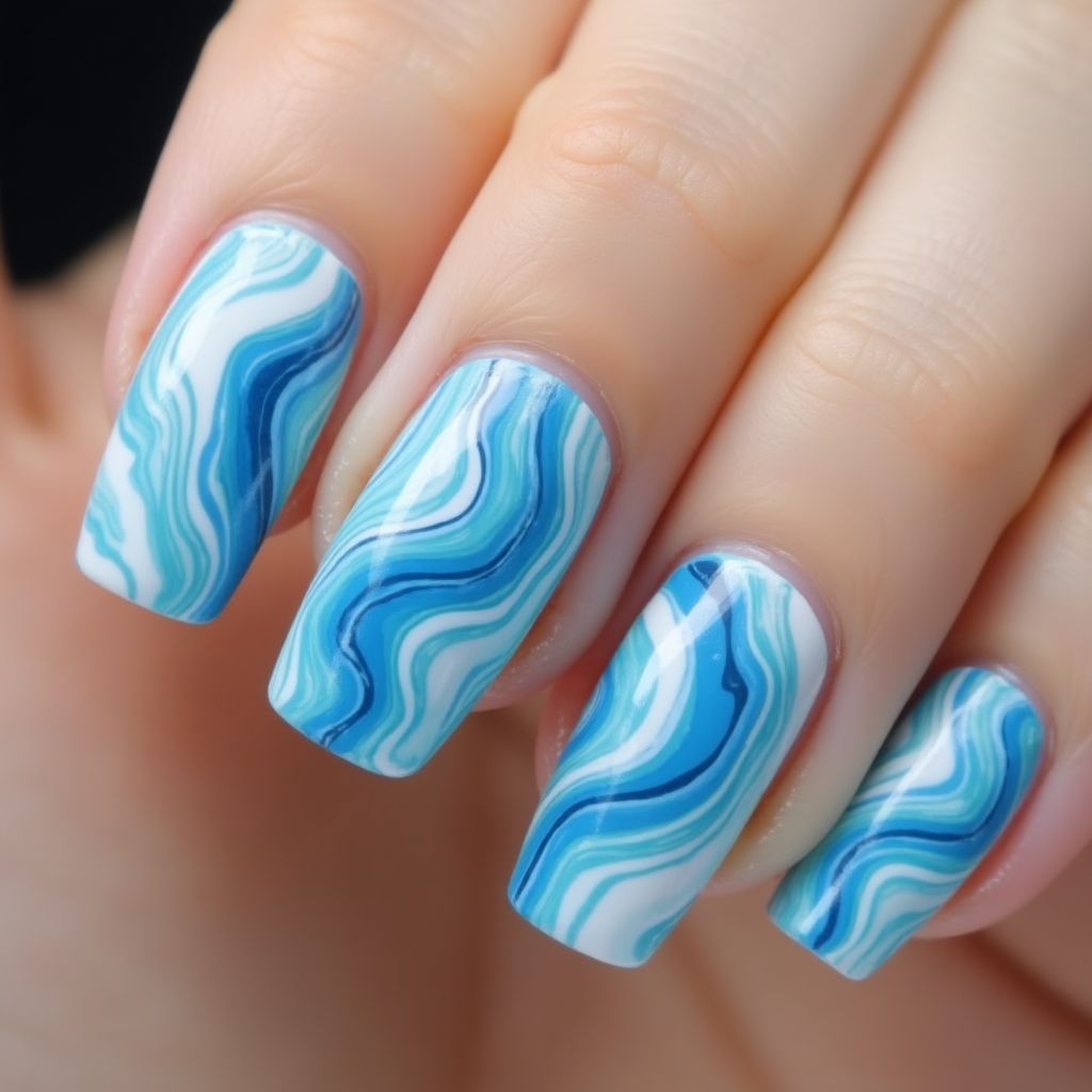 Sky Blue Water Marbling Nail Design