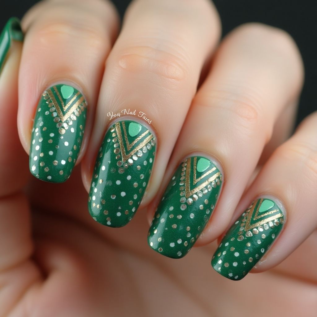 Emerald Green Dotting Nail Design
