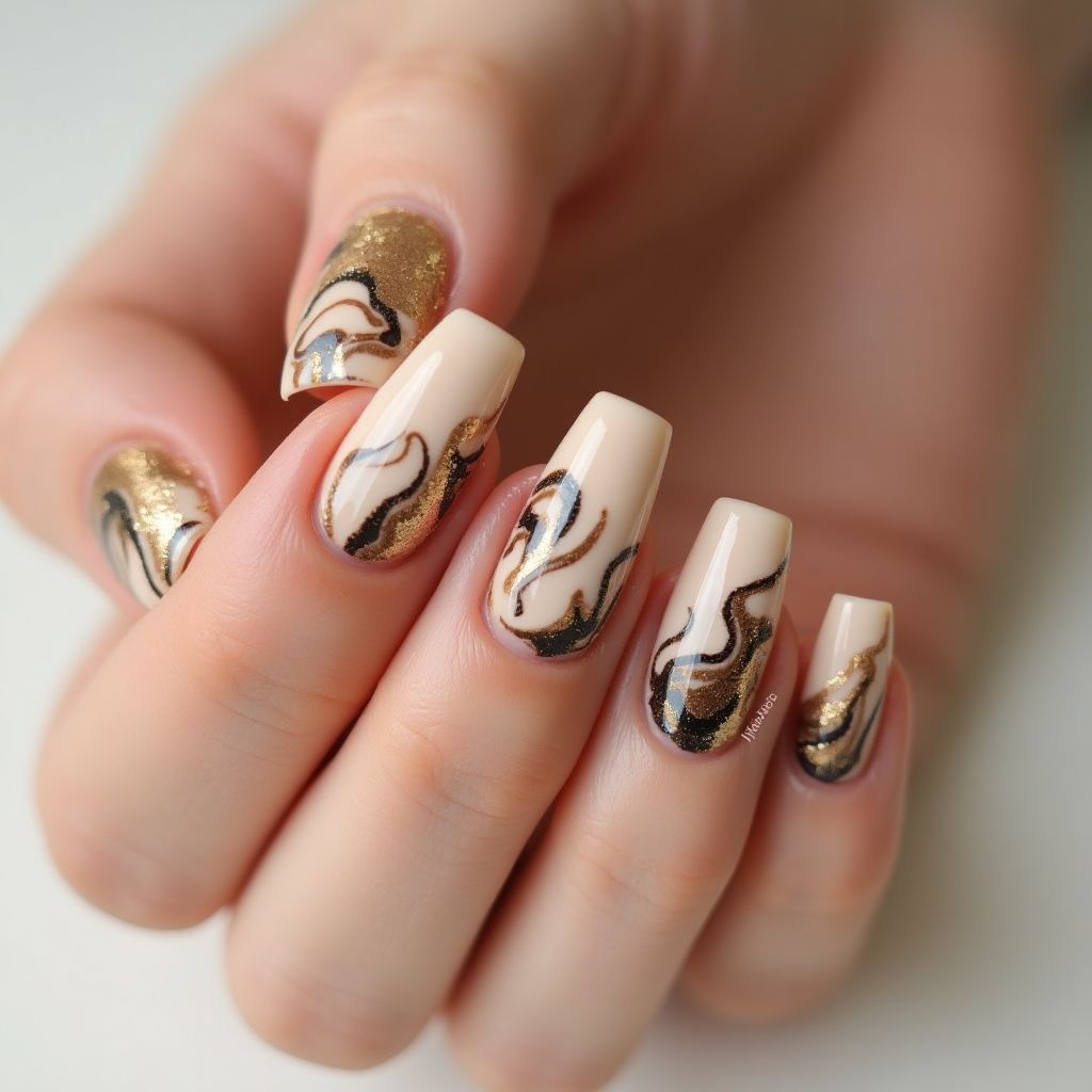 Tan Water Marbling Nail Design