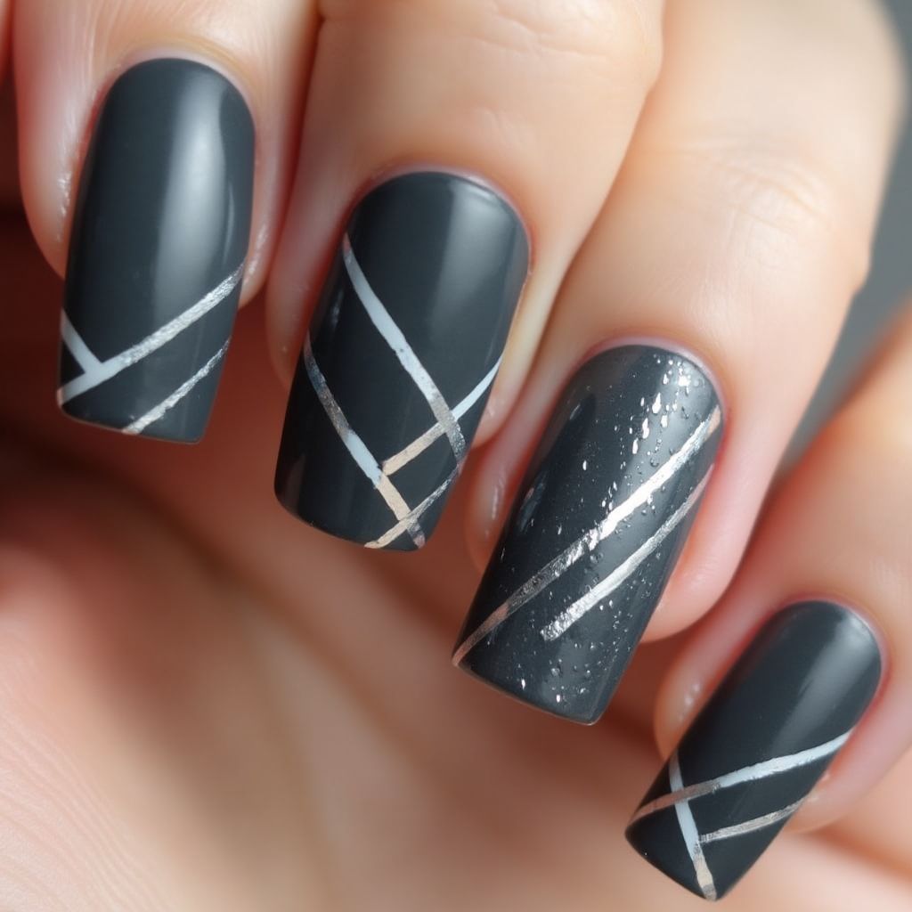 Charcoal Gray Stripes And Lines Nail Design