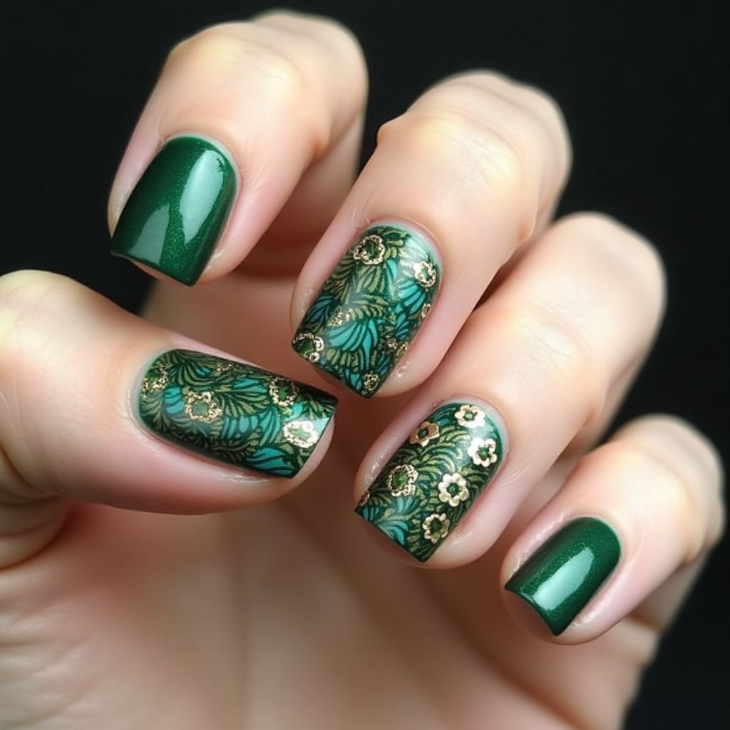 Emerald Green Freehand Art Nail Design