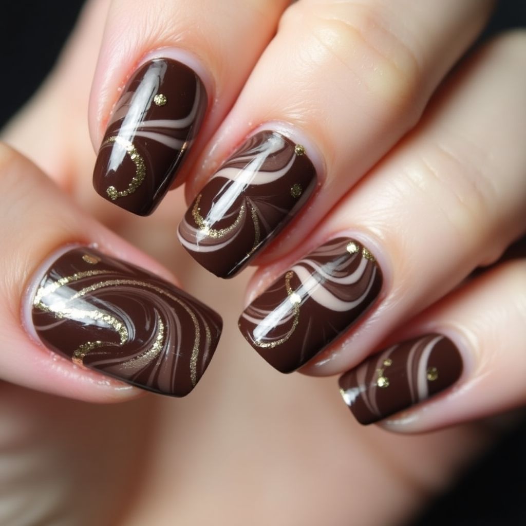 Chocolate Brown Water Marbling Nail Design