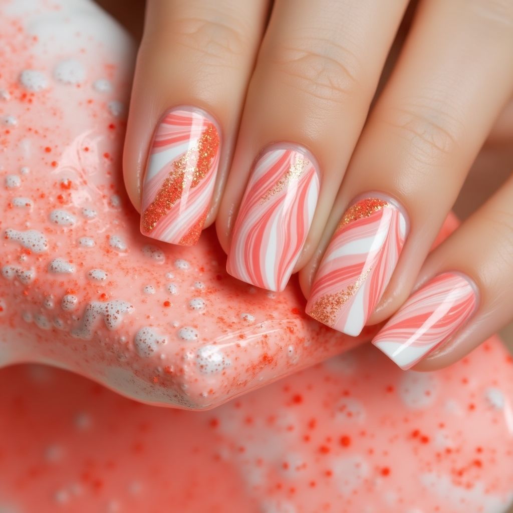 Coral Water Marbling Nail Design