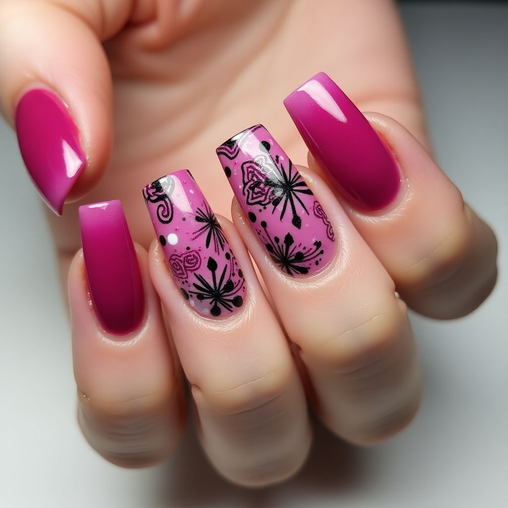 Fuchsia Freehand Art Nail Design