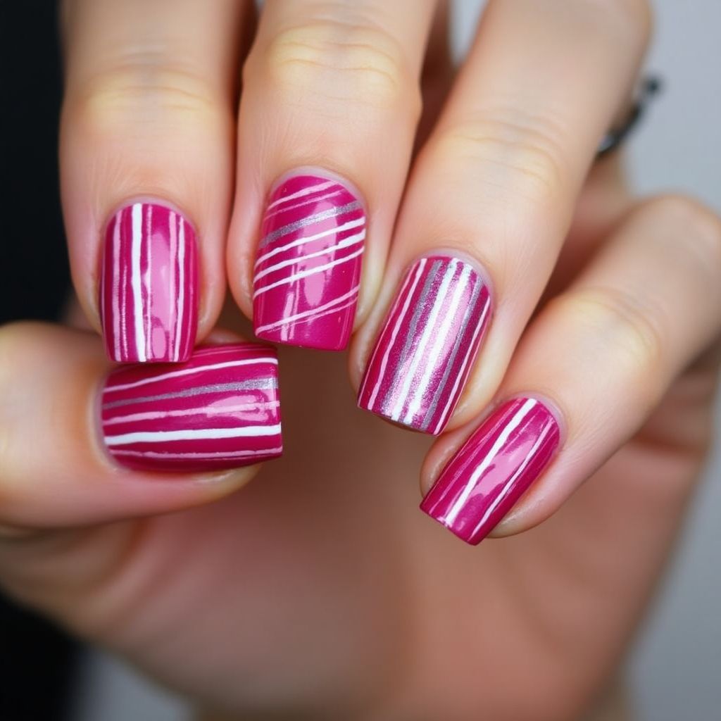 Fuchsia Stripes And Lines Nail Design