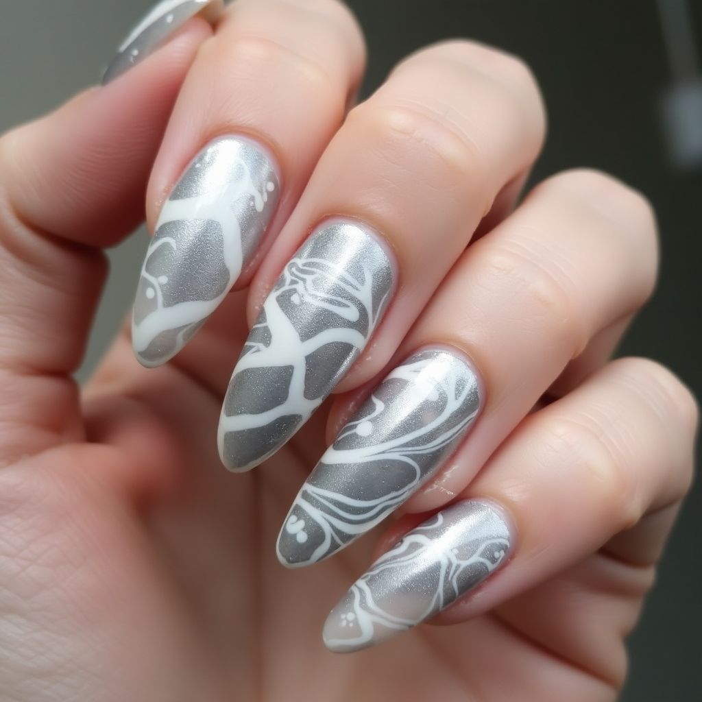Silver Water Marbling Nail Design