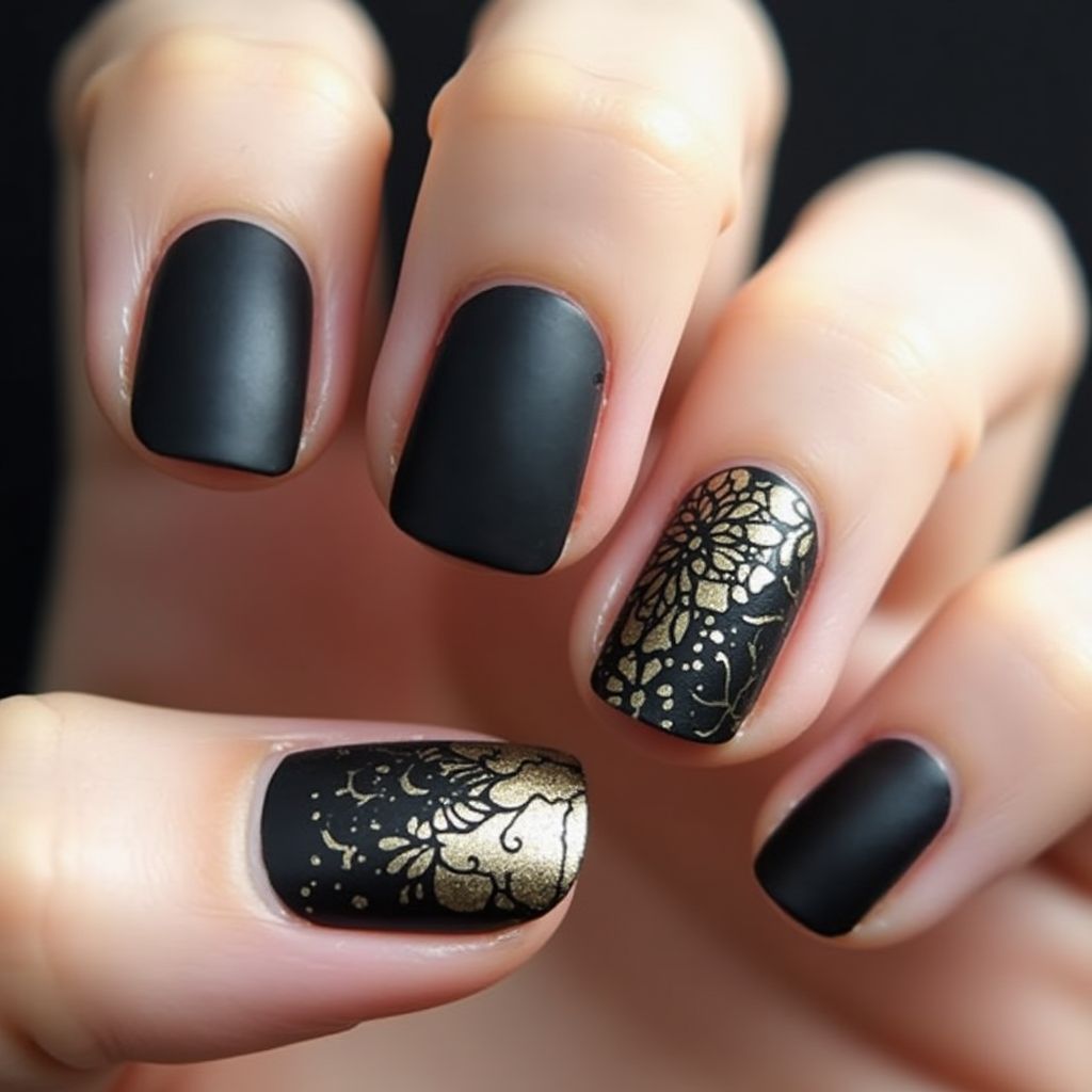 Black Freehand Art Nail Design