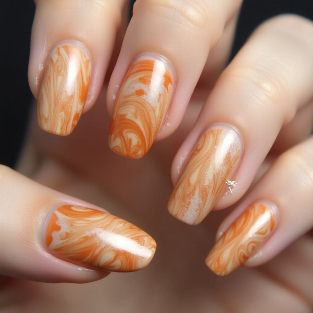 Tan Water Marbling Nail Design