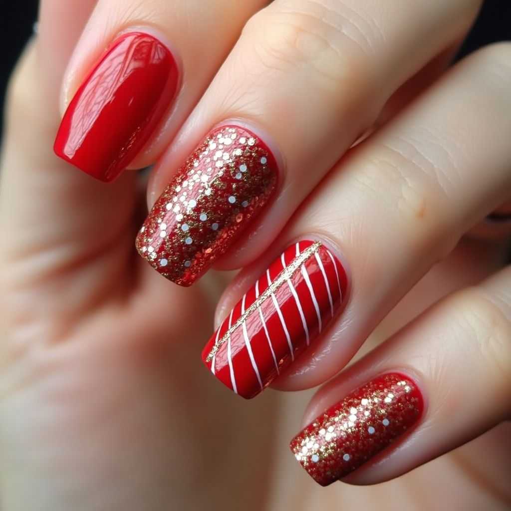 Red Stripes And Lines Nail Design