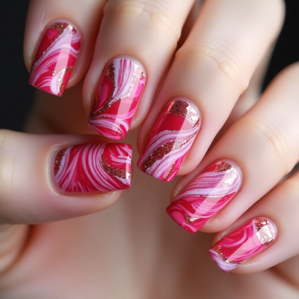 Hot Pink Water Marbling Nail Design