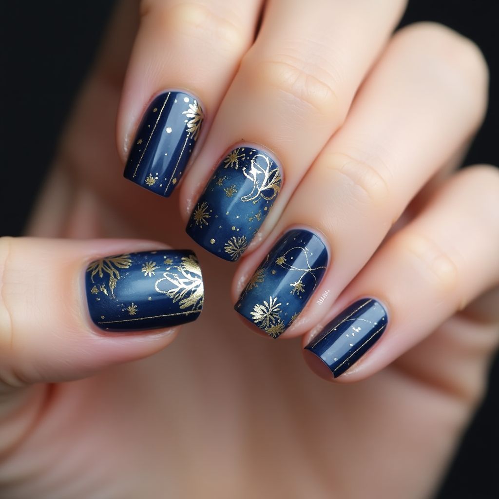 Navy Blue Freehand Art Nail Design