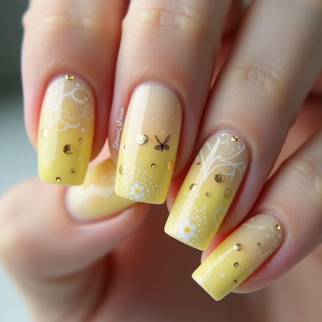 Pastel Yellow Freehand Art Nail Design