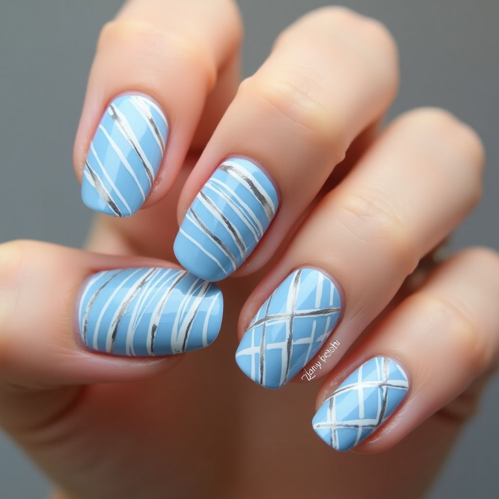 Baby Blue Stripes And Lines Nail Design