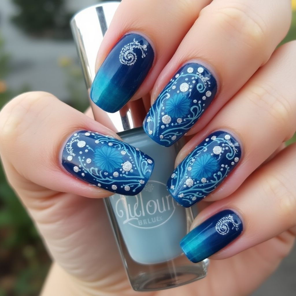 Blue Freehand Art Nail Design