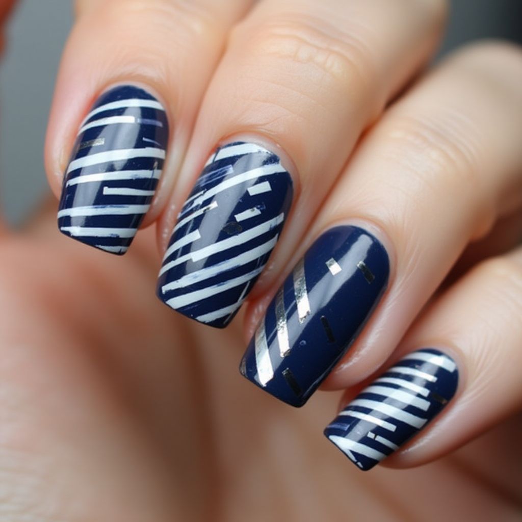 Navy Blue Stripes And Lines Nail Design