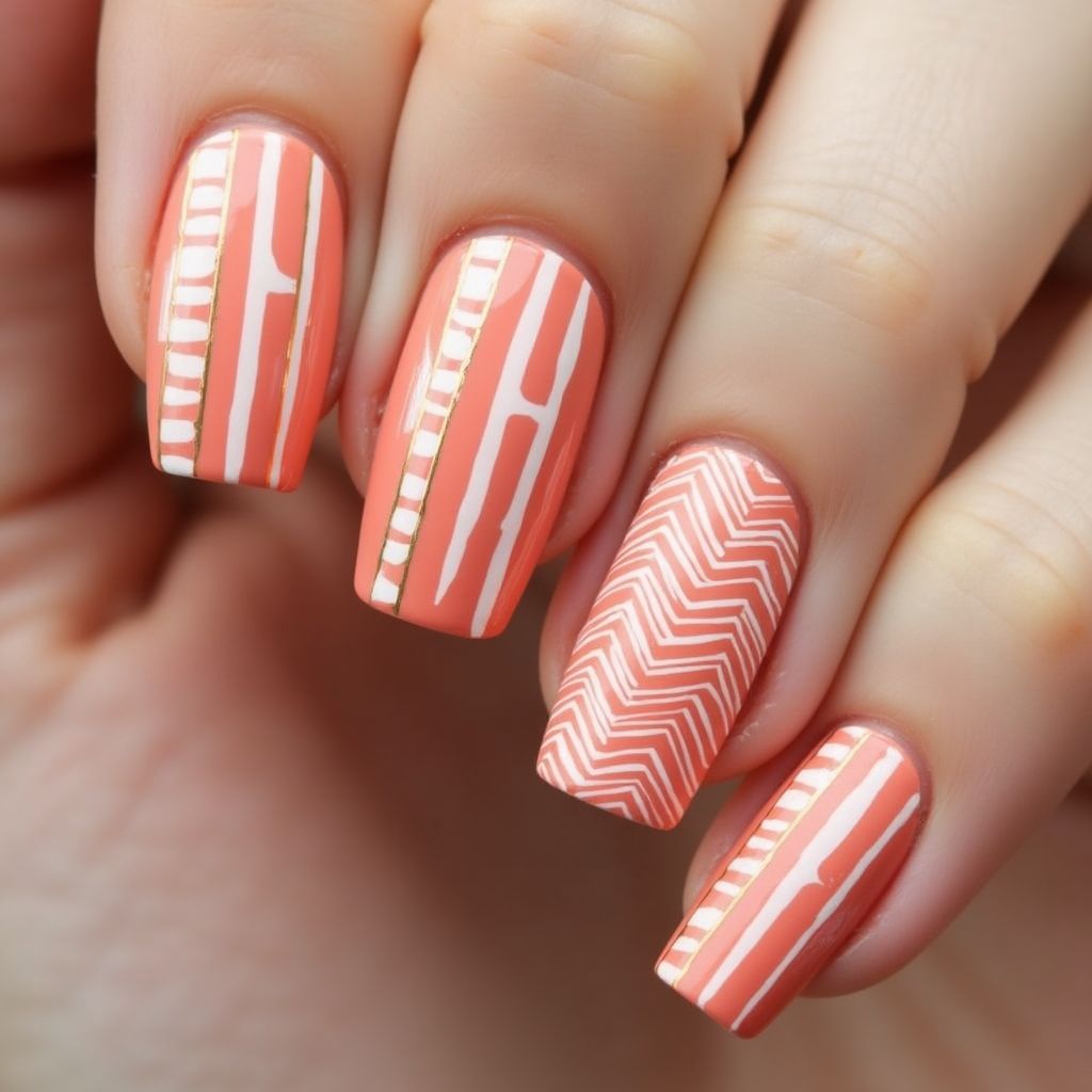 Coral Stripes And Lines Nail Design