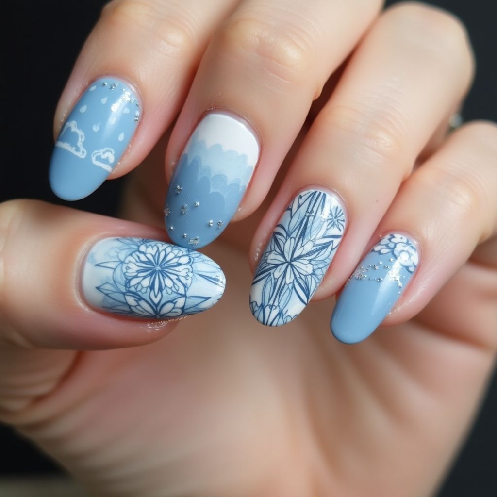 Baby blue Freehand art Nail Design