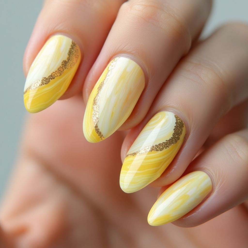 Pastel Yellow Water Marbling Nail Design