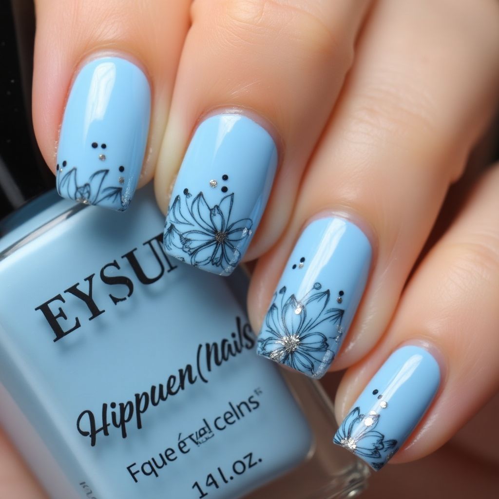 Sky Blue Freehand Art Nail Design