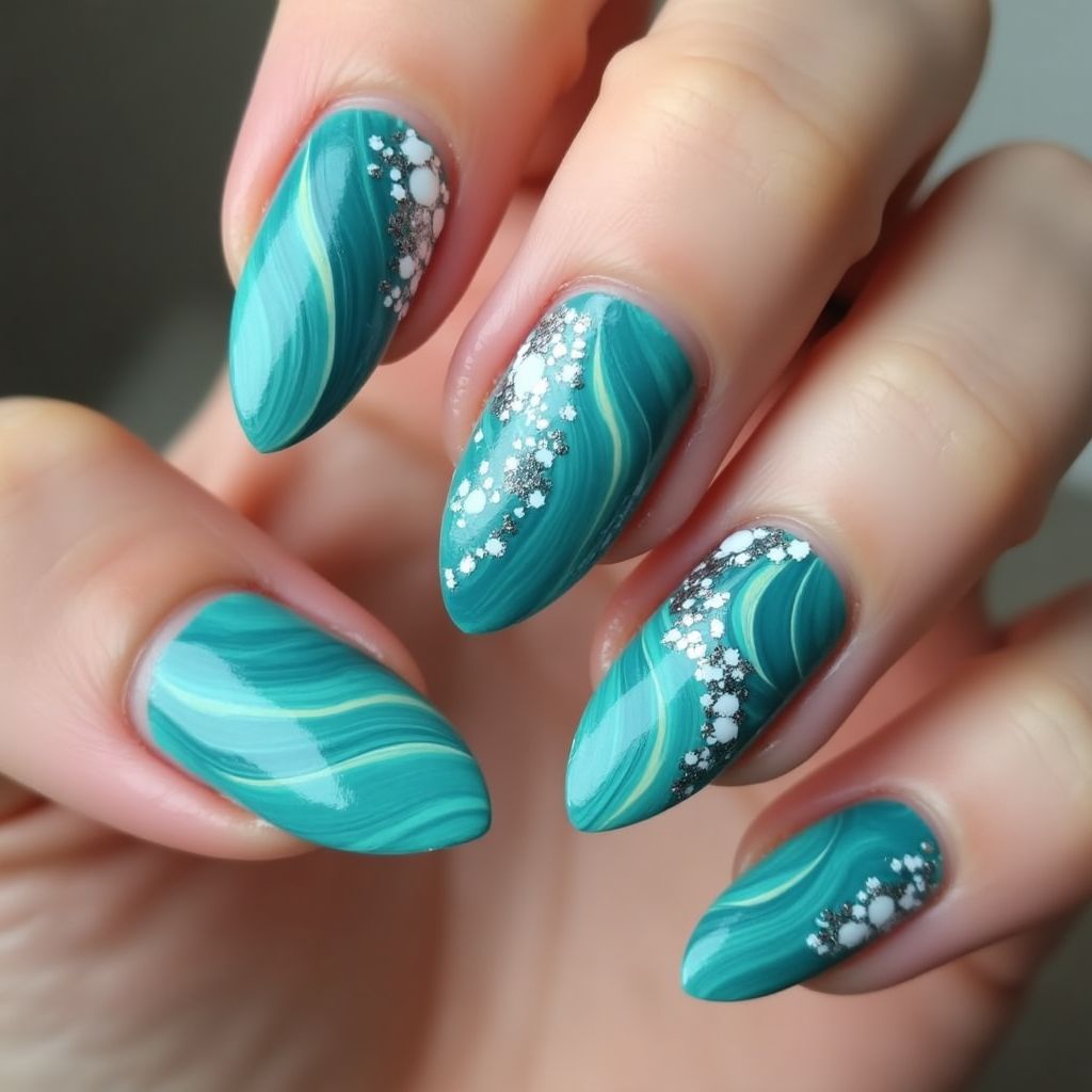 Teal Water Marbling Nail Design