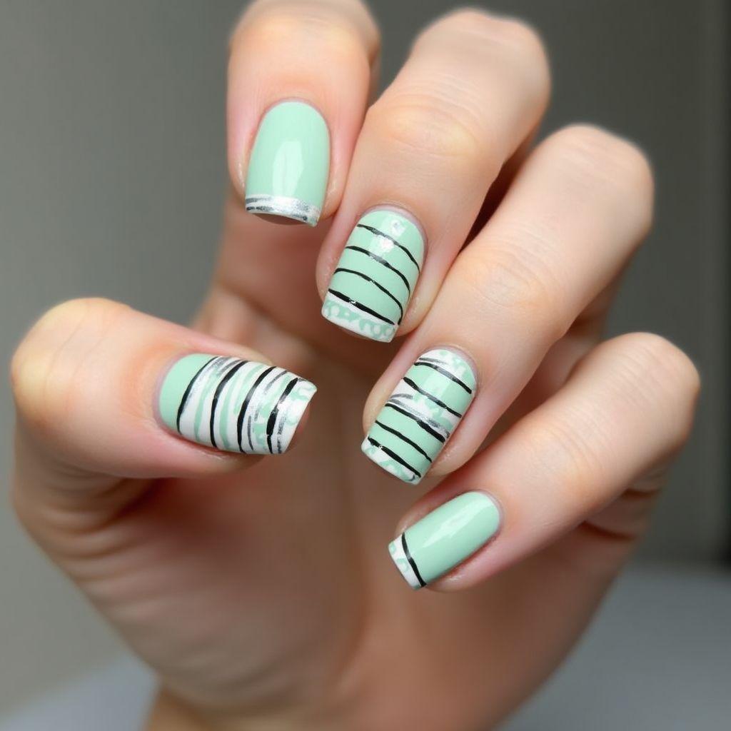 Mint Green Stripes And Lines Nail Design