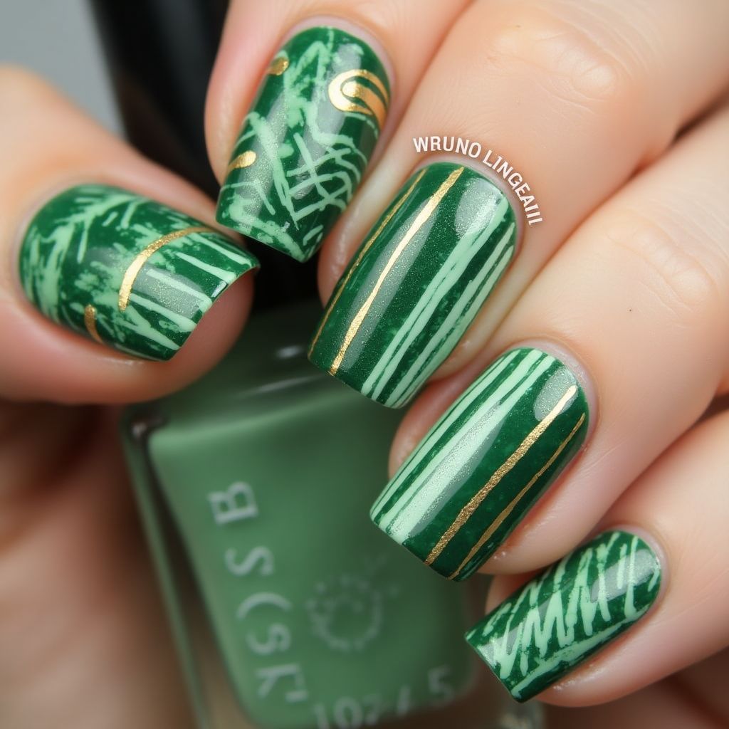 Green Stripes And Lines Nail Design