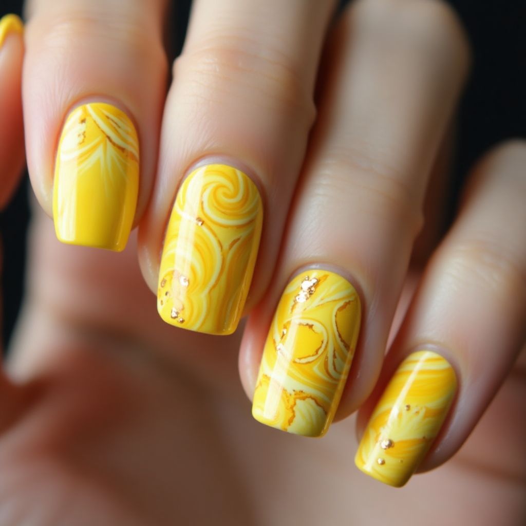 Yellow Water Marbling Nail Design