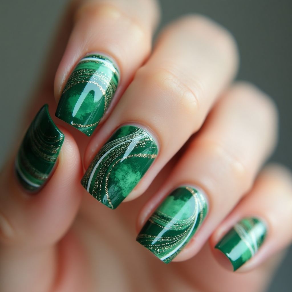 Emerald Green Water Marbling Nail Design