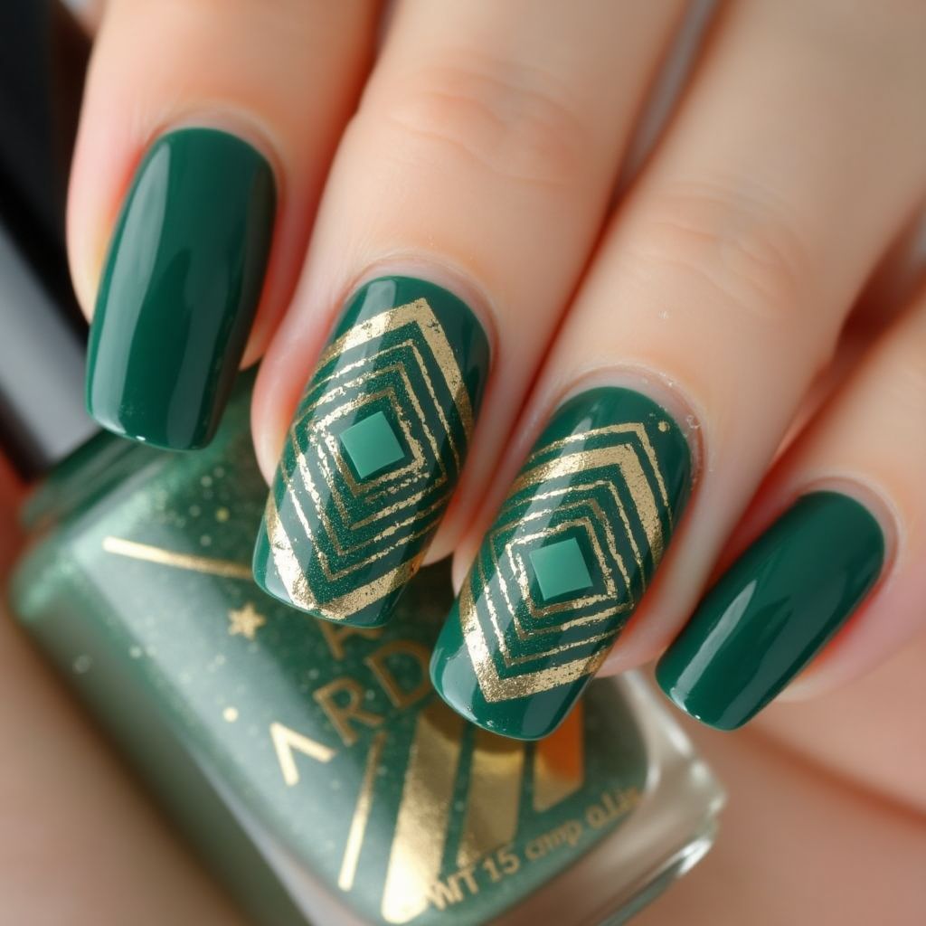 Emerald Green Stripes And Lines Nail Design