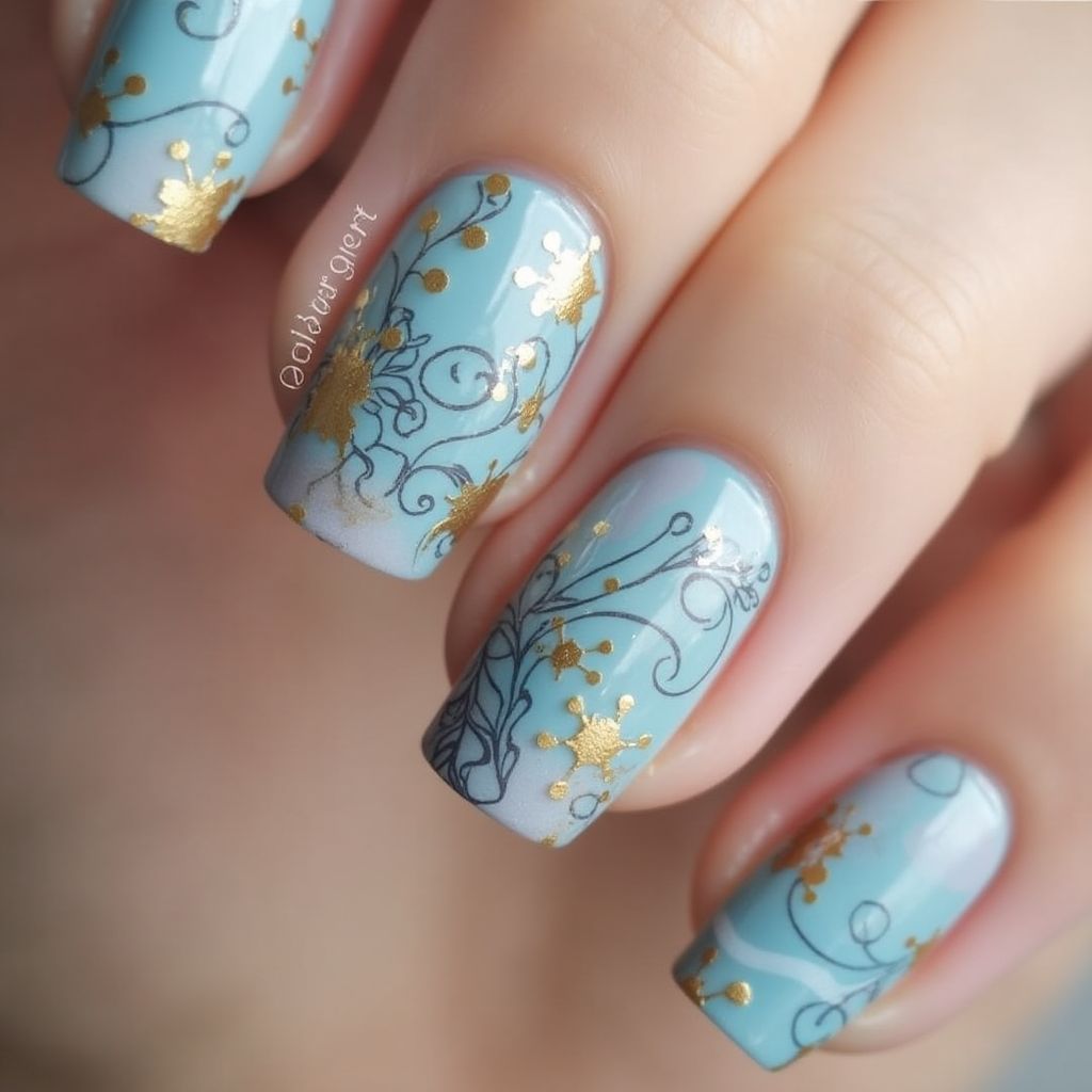 Baby Blue Freehand Art Nail Design