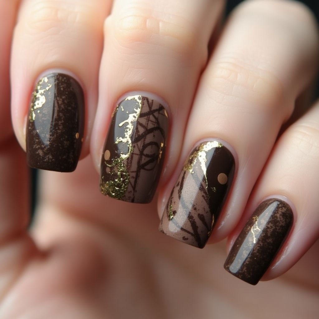 Chocolate Brown Freehand Art Nail Design