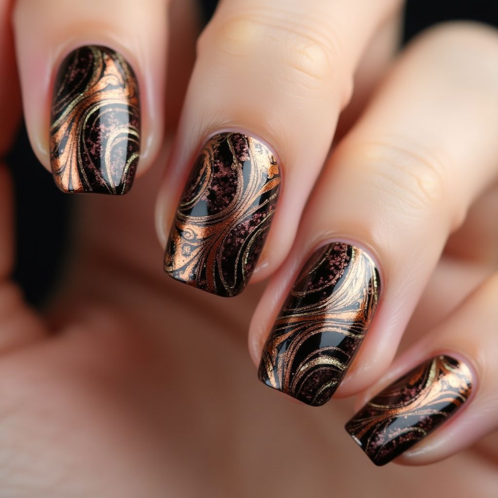 Bronze Water Marbling Nail Design