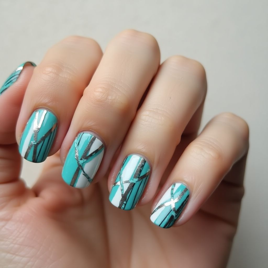 Turquoise Stripes And Lines Nail Design