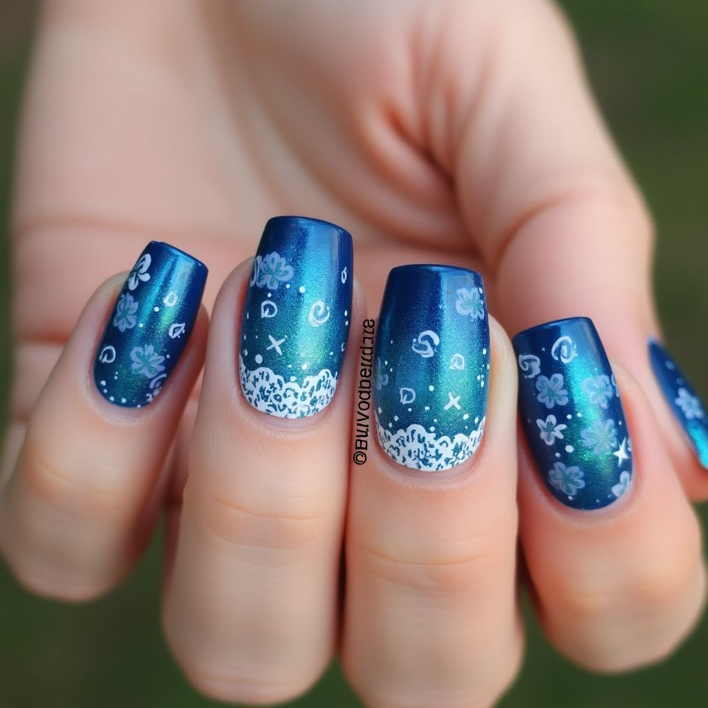 Blue Freehand Art Nail Design