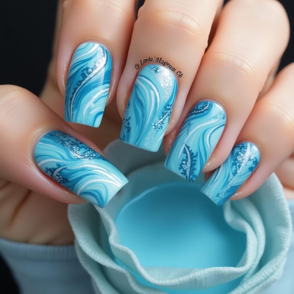 Sky Blue Water Marbling Nail Design