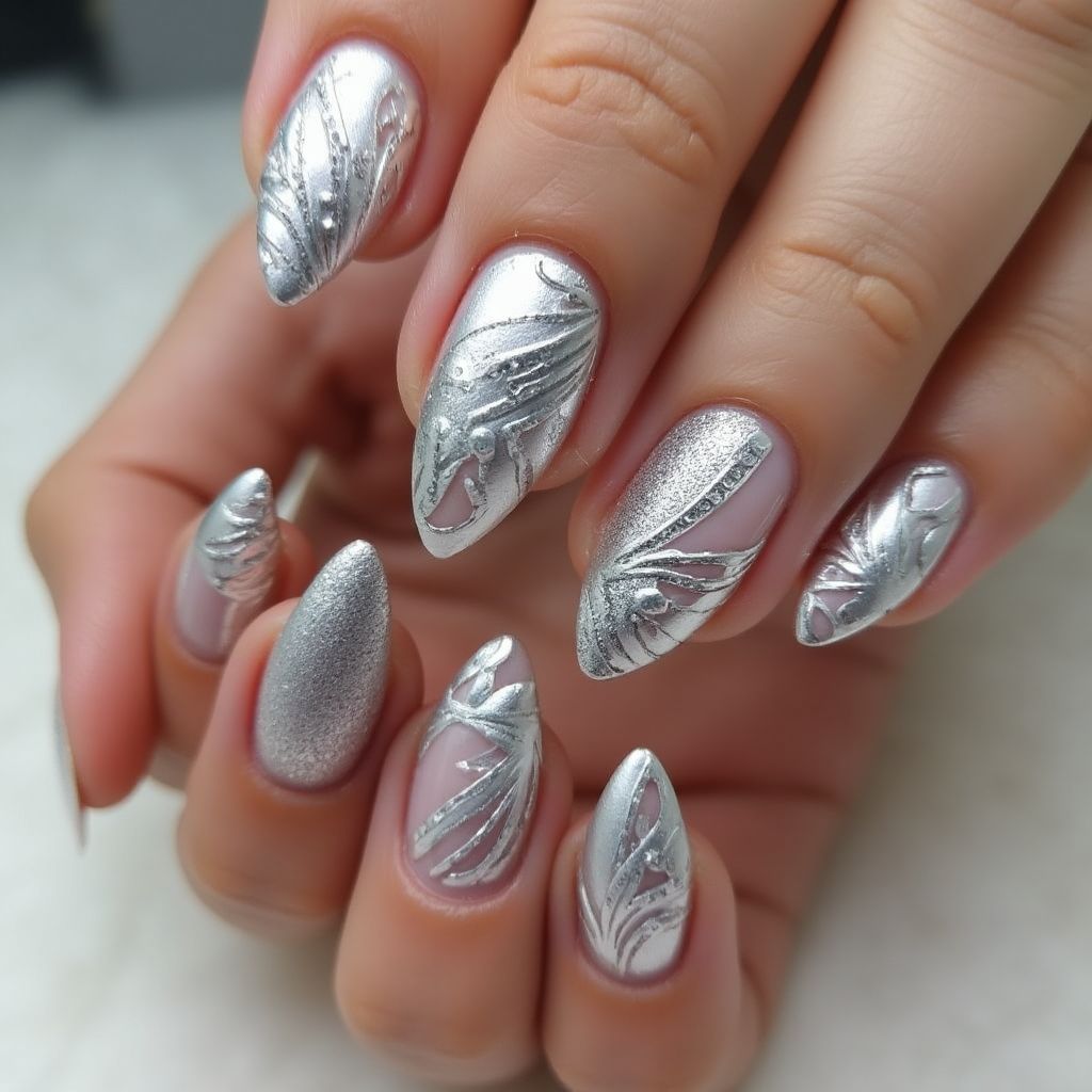 Silver Freehand Art Nail Design
