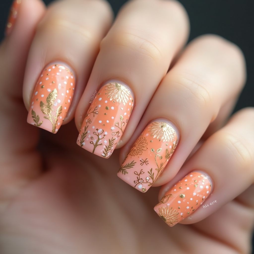 Peach Freehand Art Nail Design