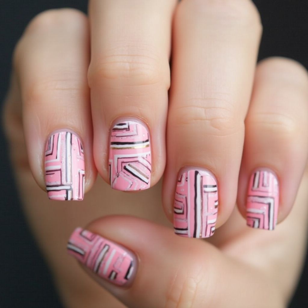 Baby Pink Stripes And Lines Nail Design