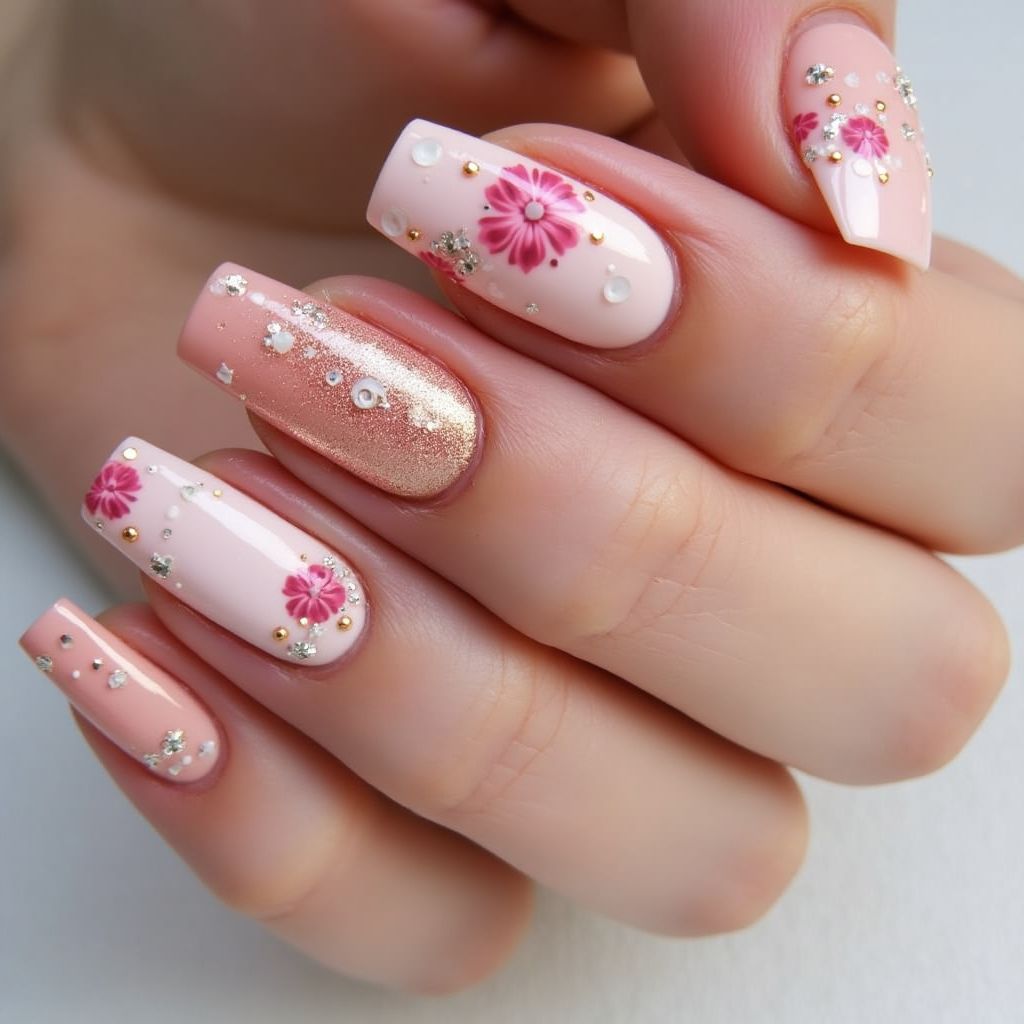 Pink Freehand Art Nail Design