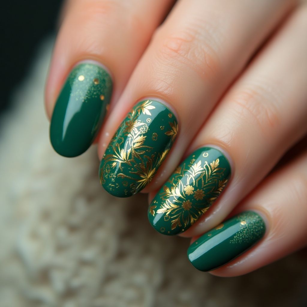 Emerald green Freehand art Nail Design