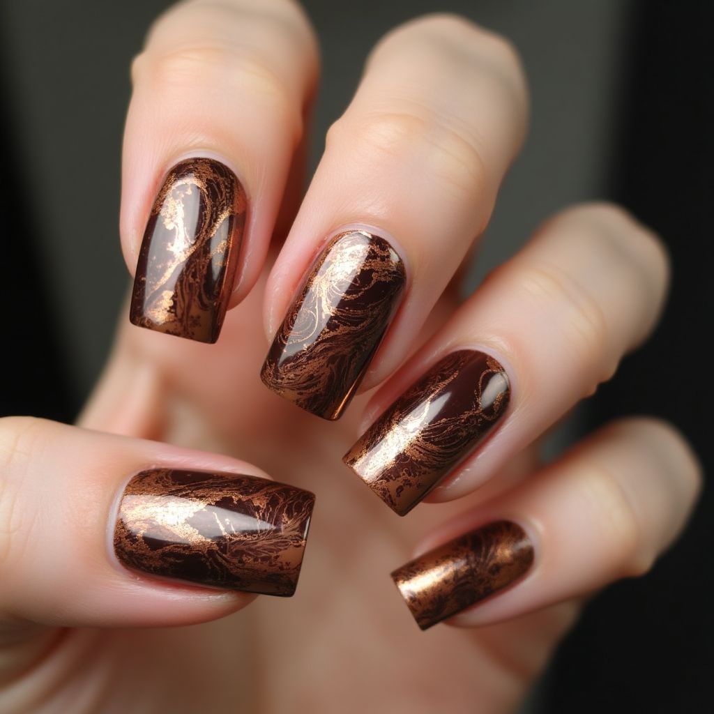 Bronze Water Marbling Nail Design