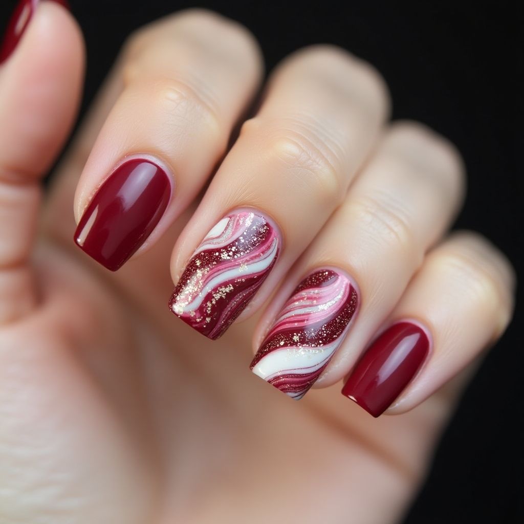 Burgundy Water Marbling Nail Design