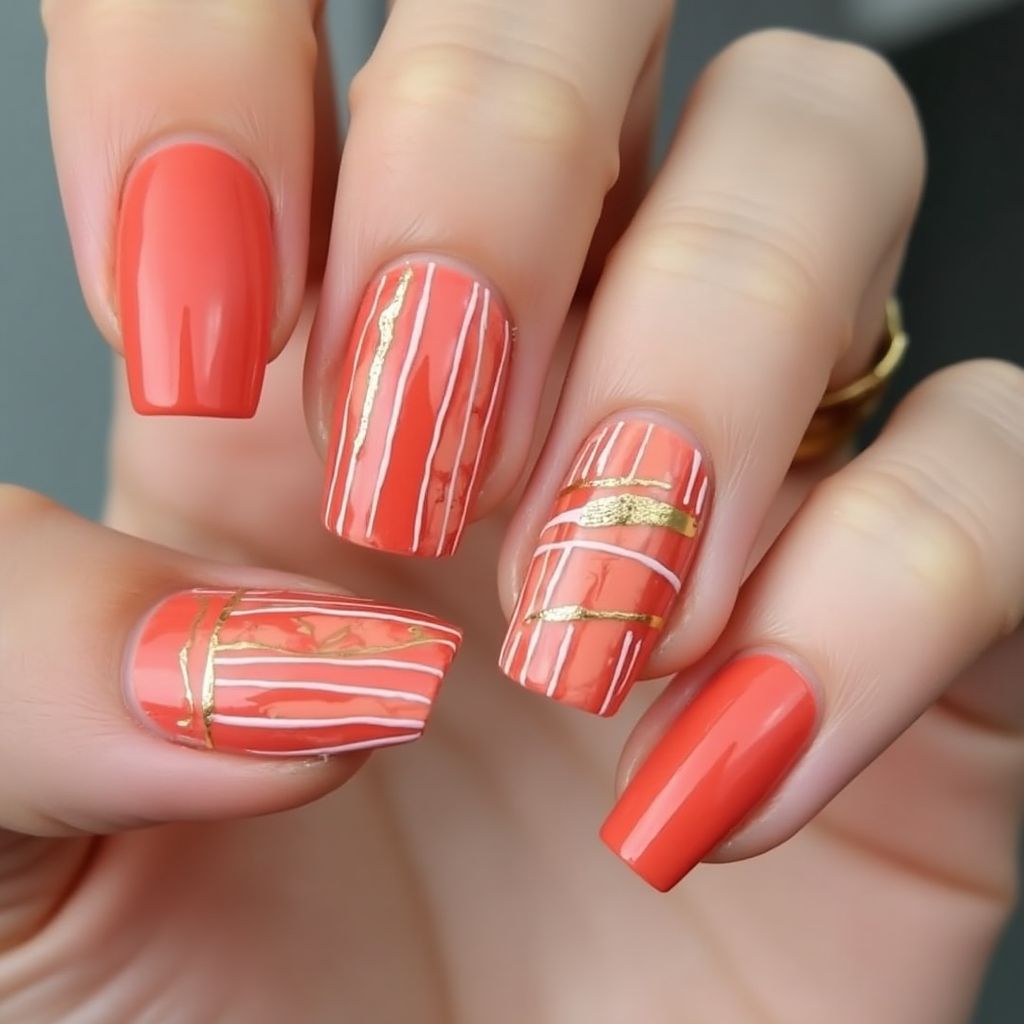 Coral Stripes And Lines Nail Design